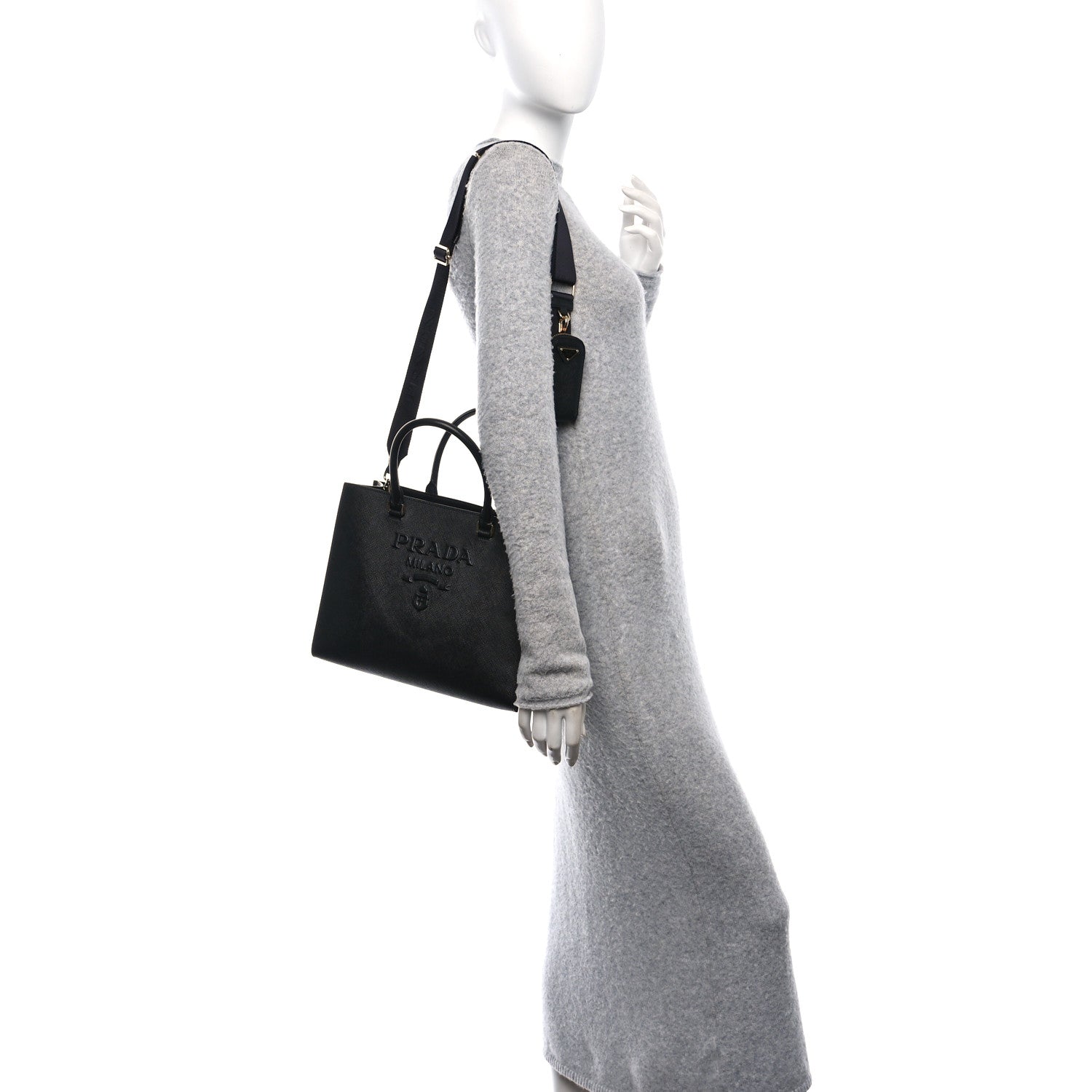 Saffiano Lux Logo Embossed Medium Shoulder Tote Handbag Black