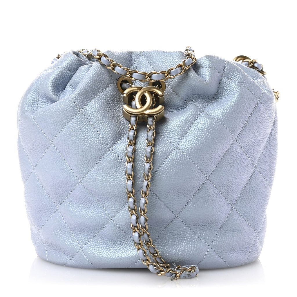 Iridescent Caviar Quilted My Perfect CC Bucket Drawstring Bag Light Blue