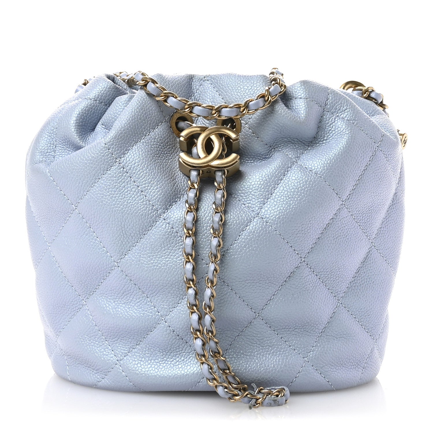 Iridescent Caviar Quilted My Perfect CC Bucket Drawstring Bag Light Blue