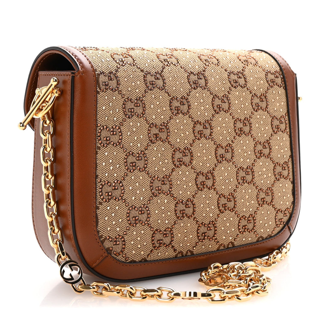 New Canvas Charisma Calfskin Crystal GG Monogram Mini Horsebit 1955 Shoulder Bag Camel Ebony