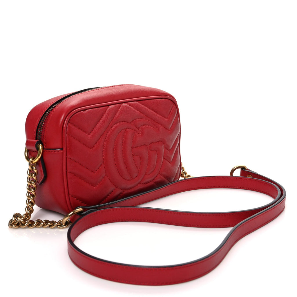 Calfskin Matelasse Mini GG Marmont Chain Shoulder Bag Hibiscus Red