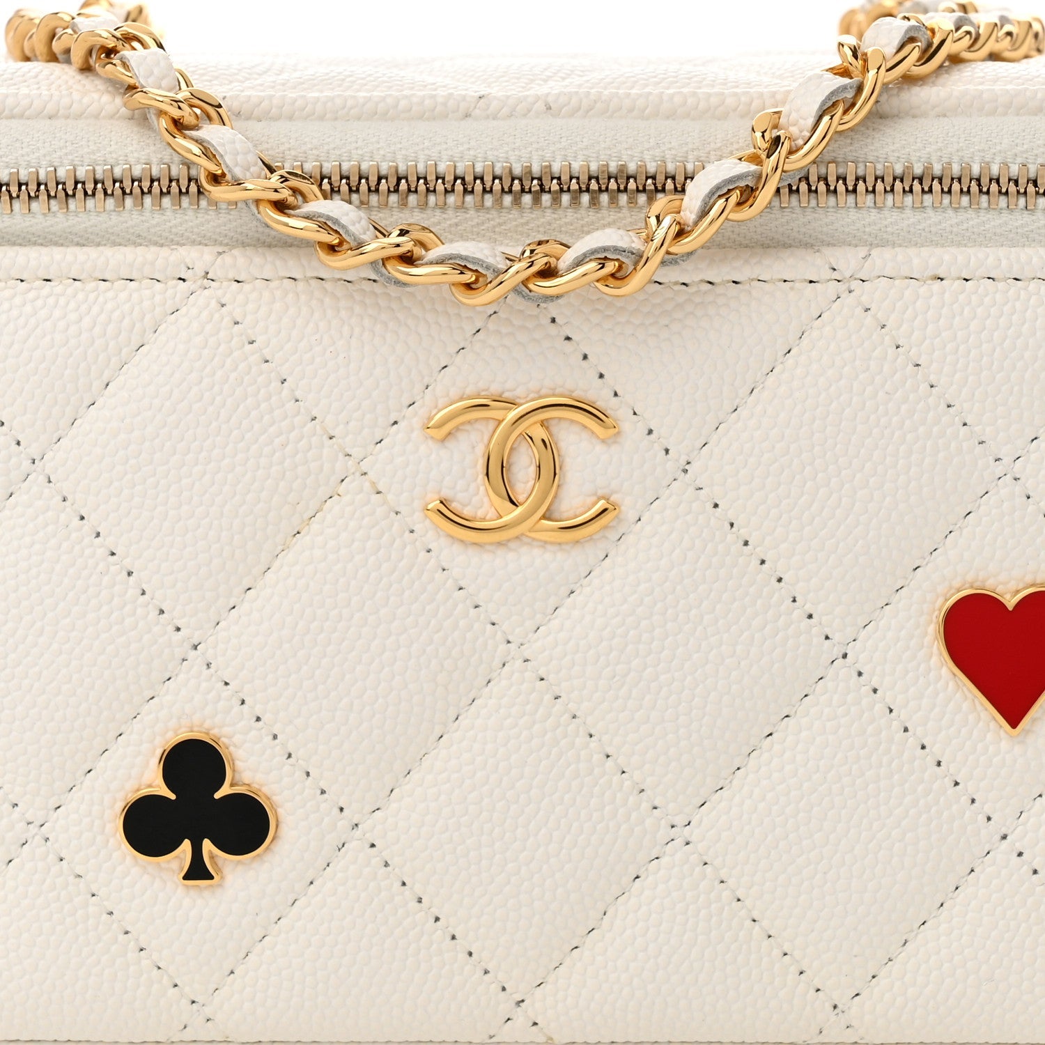 Caviar Quilted Enamel Coco Casino Small Vanity Case With Chain White