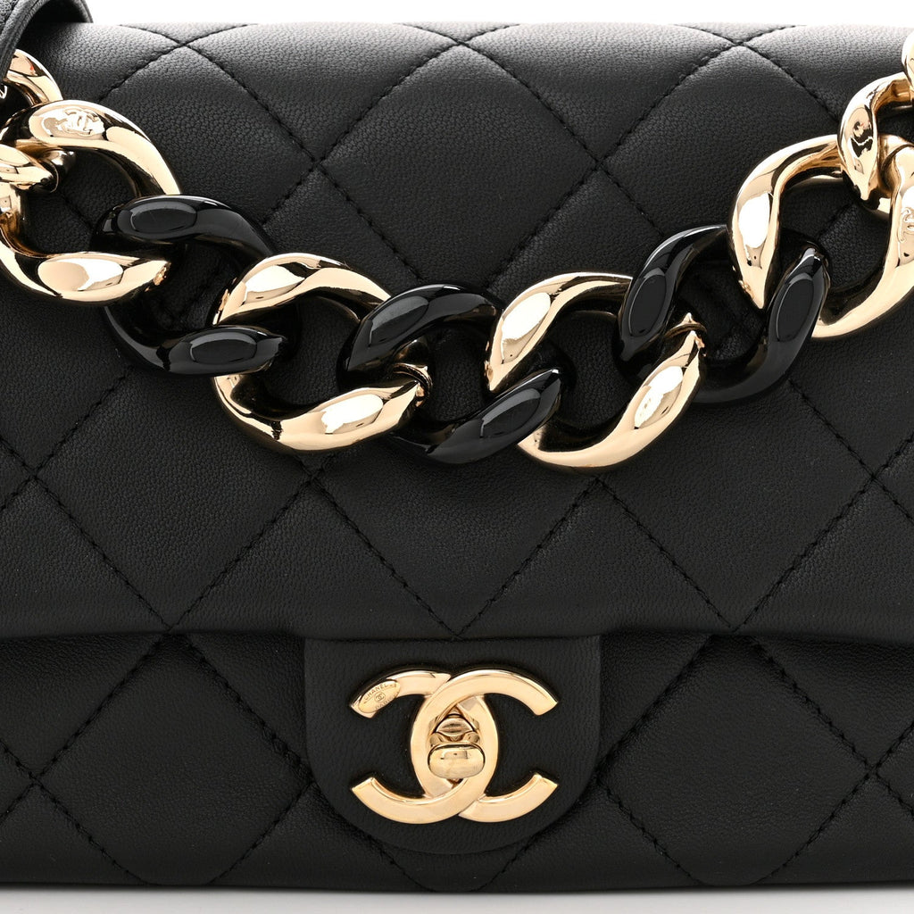 Lambskin Quilted Resin Bi-Color Chain Flap Bag Black