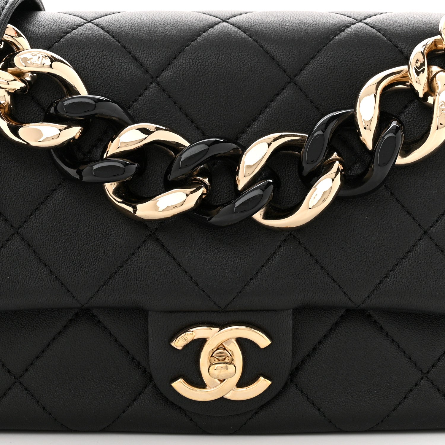 Lambskin Quilted Resin Bi-Color Chain Flap Bag Black