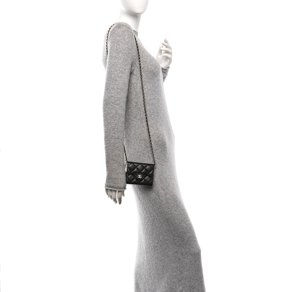 Caviar Quilted Flap  Holder On Chain Black