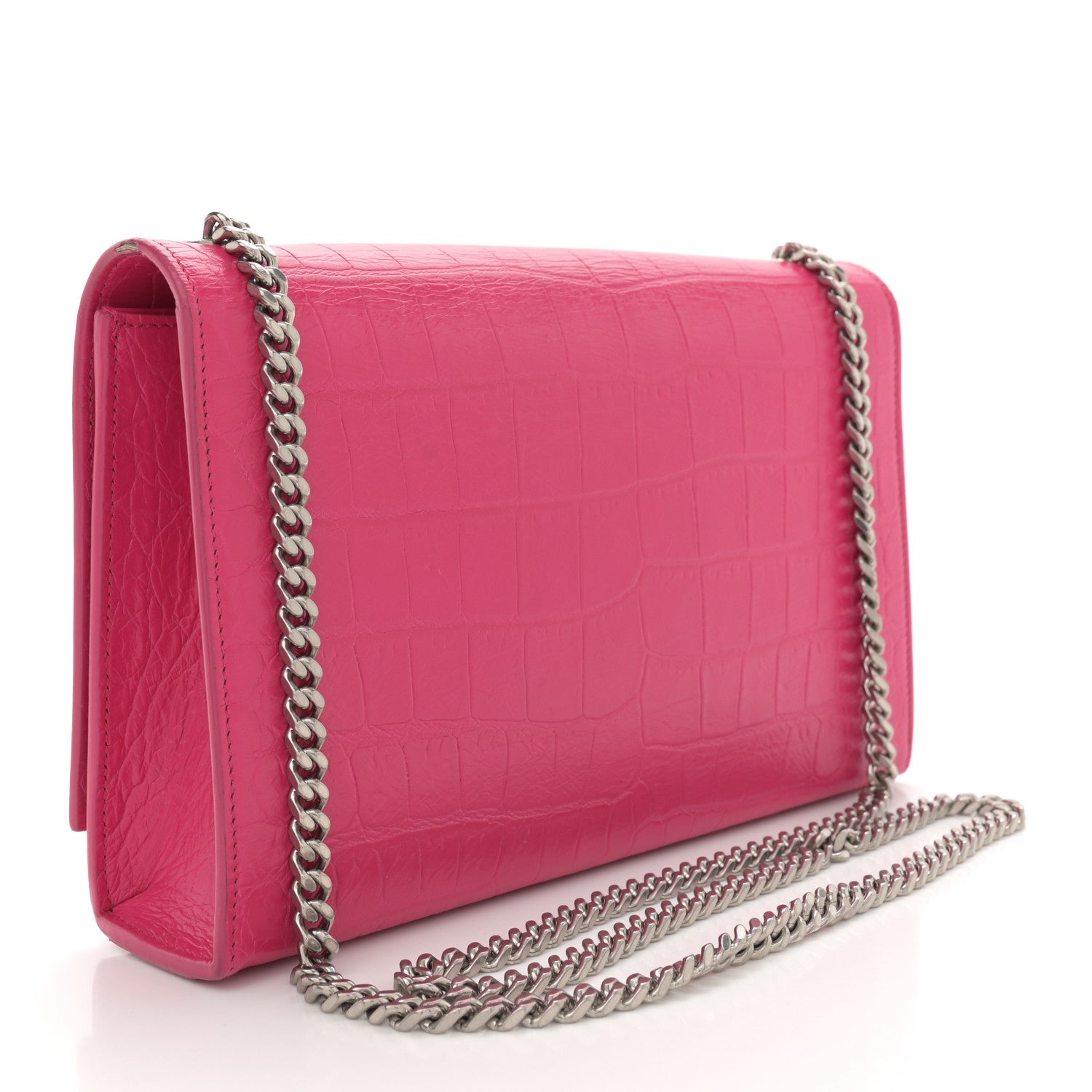 Calfskin Crocodile Embossed Medium Classic Monogram Kate Tassel Satchel Fuchsia
