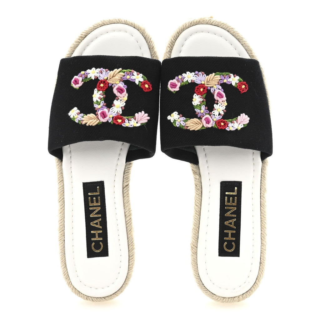 Canvas Embroidered CC Floral Espadrille Slip On Sandals 37 Black Multicolor