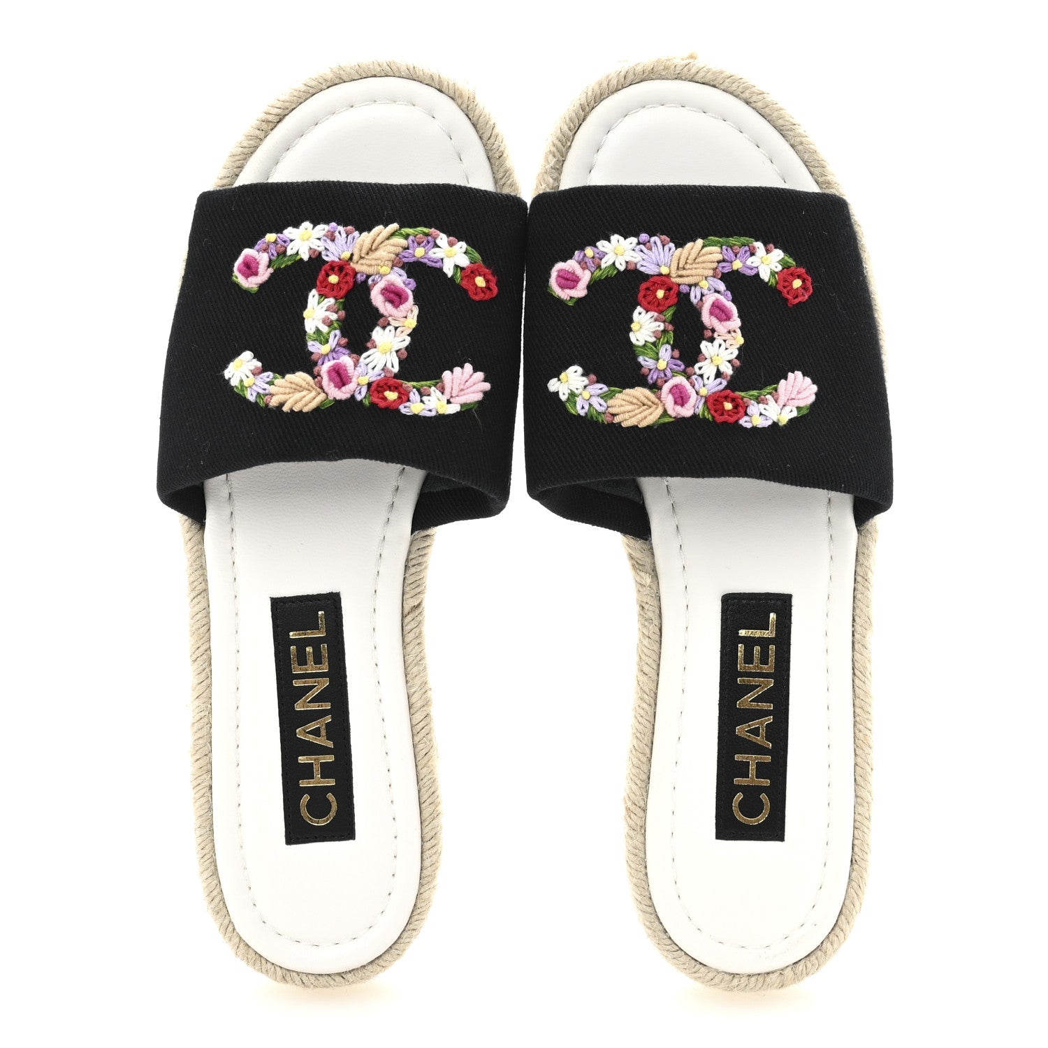 Canvas Embroidered CC Floral Espadrille Slip On Sandals 37 Black Multicolor