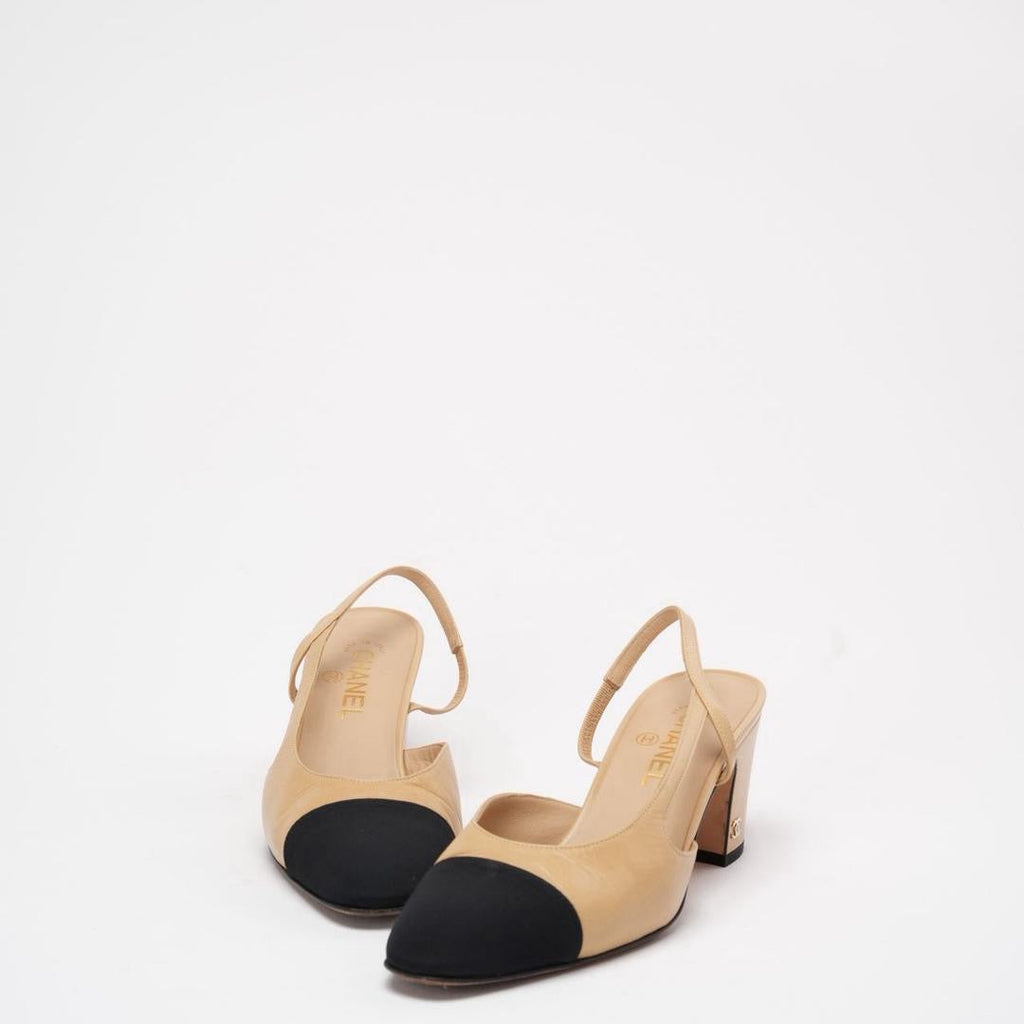 Chanel Black / Beige Cap Toe Slingback 39.5