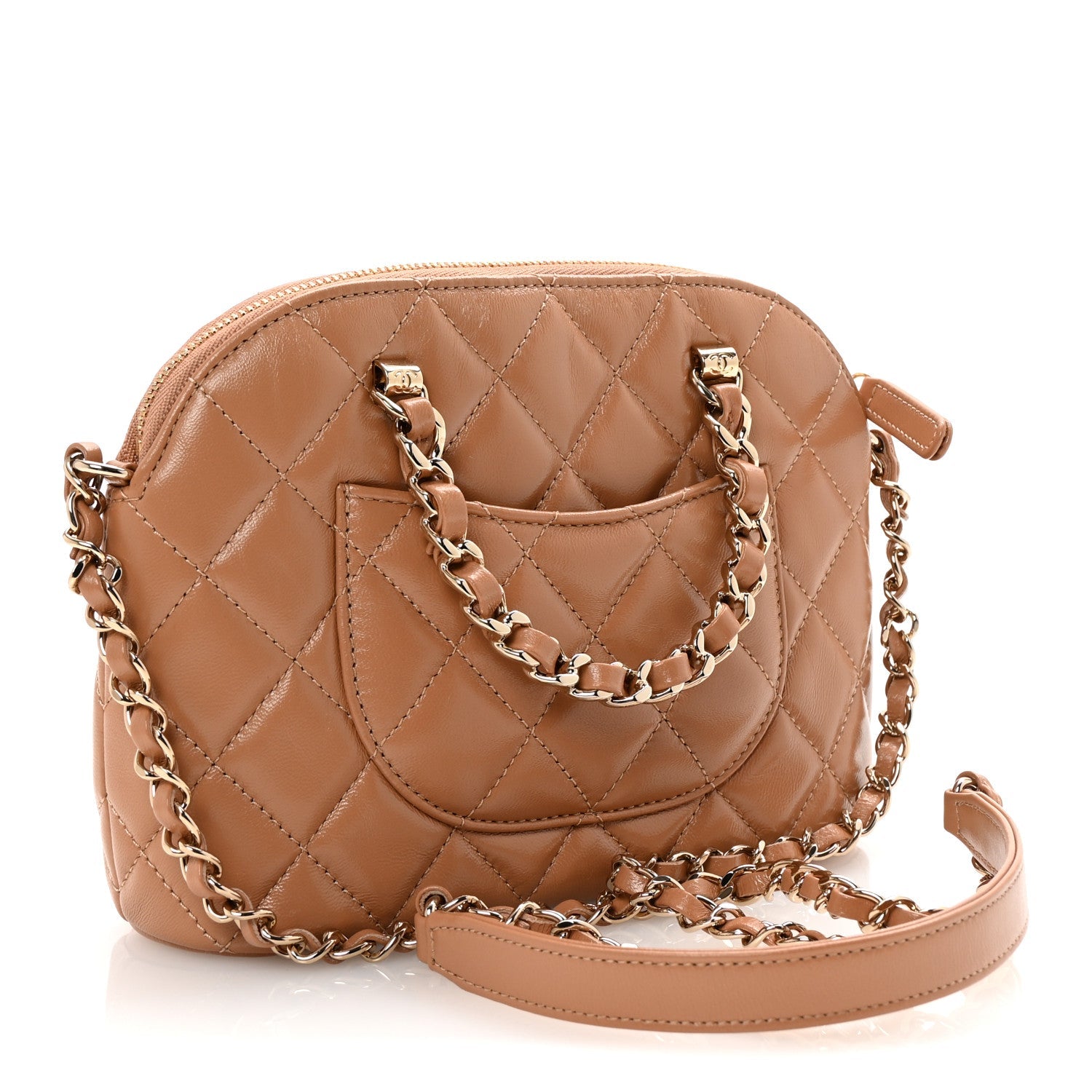 Shiny Lambskin Quilted Shiny Coco Clutch With Chain Dark Beige