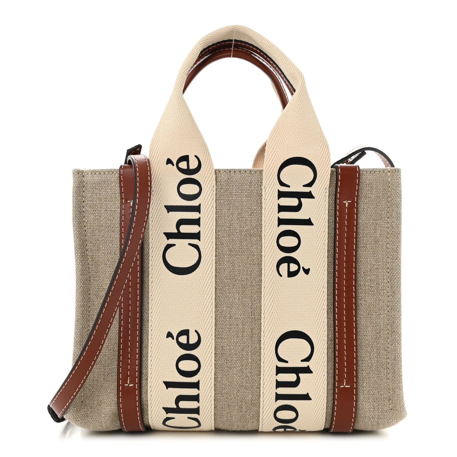 Cotton Calfskin Small Woody Ribbon Tote With Strap White Brown
