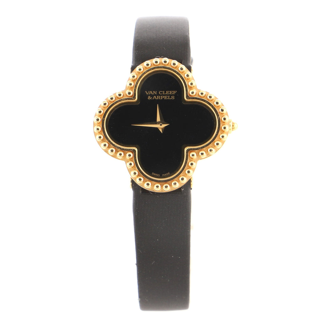 Alhambra Quartz Watch Yellow Gold and Satin with Onyx 26