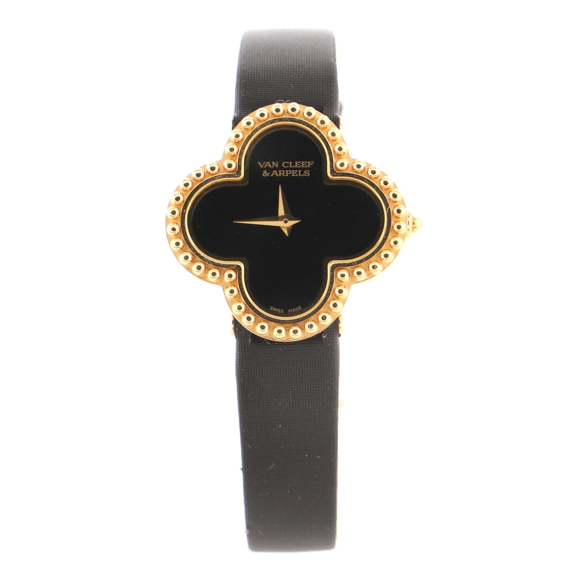 Alhambra Quartz Watch Yellow Gold and Satin with Onyx 26
