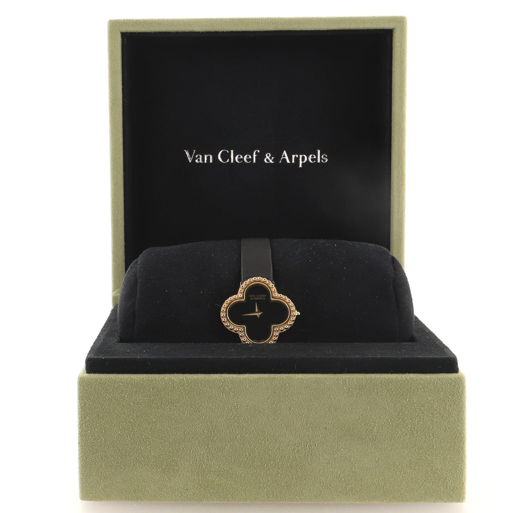 Alhambra Quartz Watch Yellow Gold and Satin with Onyx 26