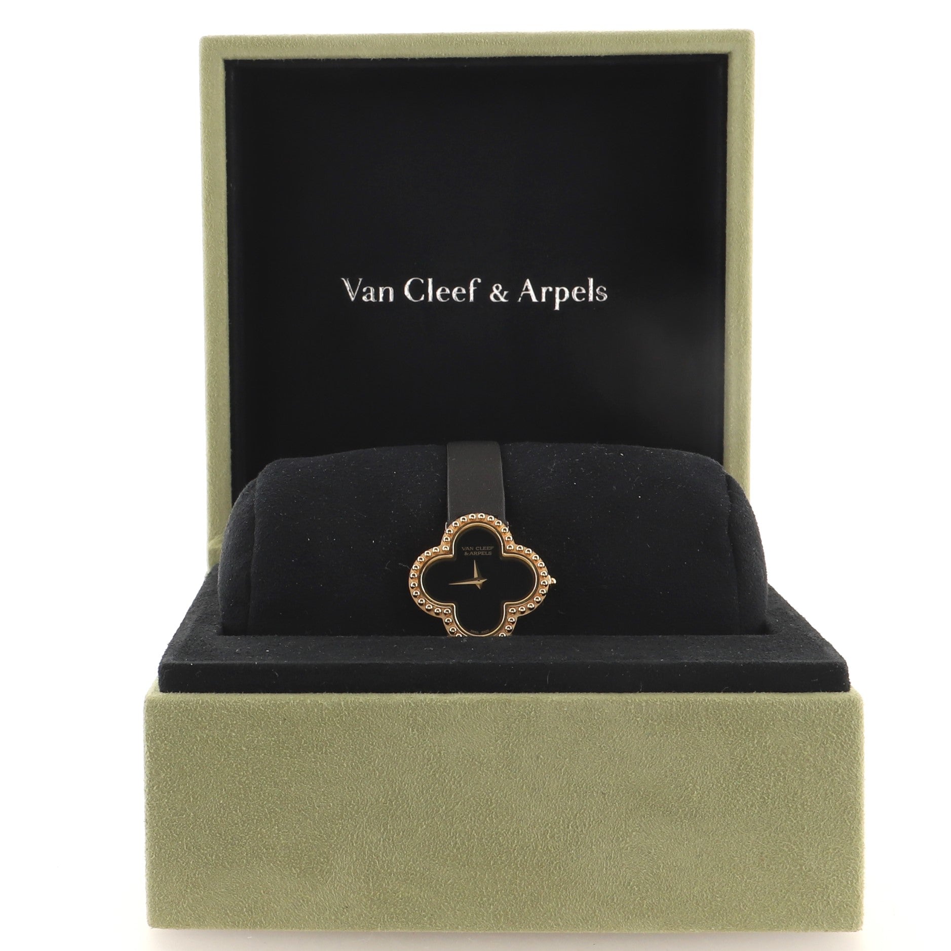 Alhambra Quartz Watch Yellow Gold and Satin with Onyx 26