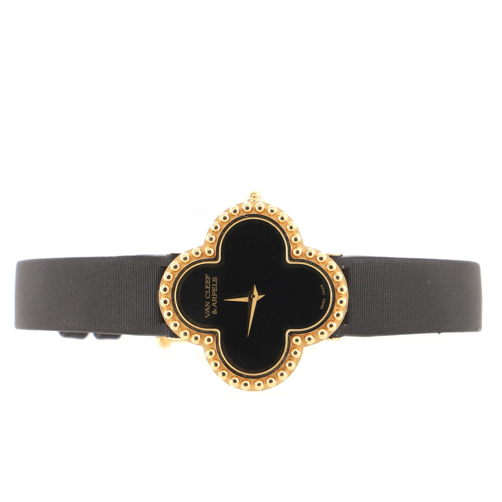 Alhambra Quartz Watch Yellow Gold and Satin with Onyx 26