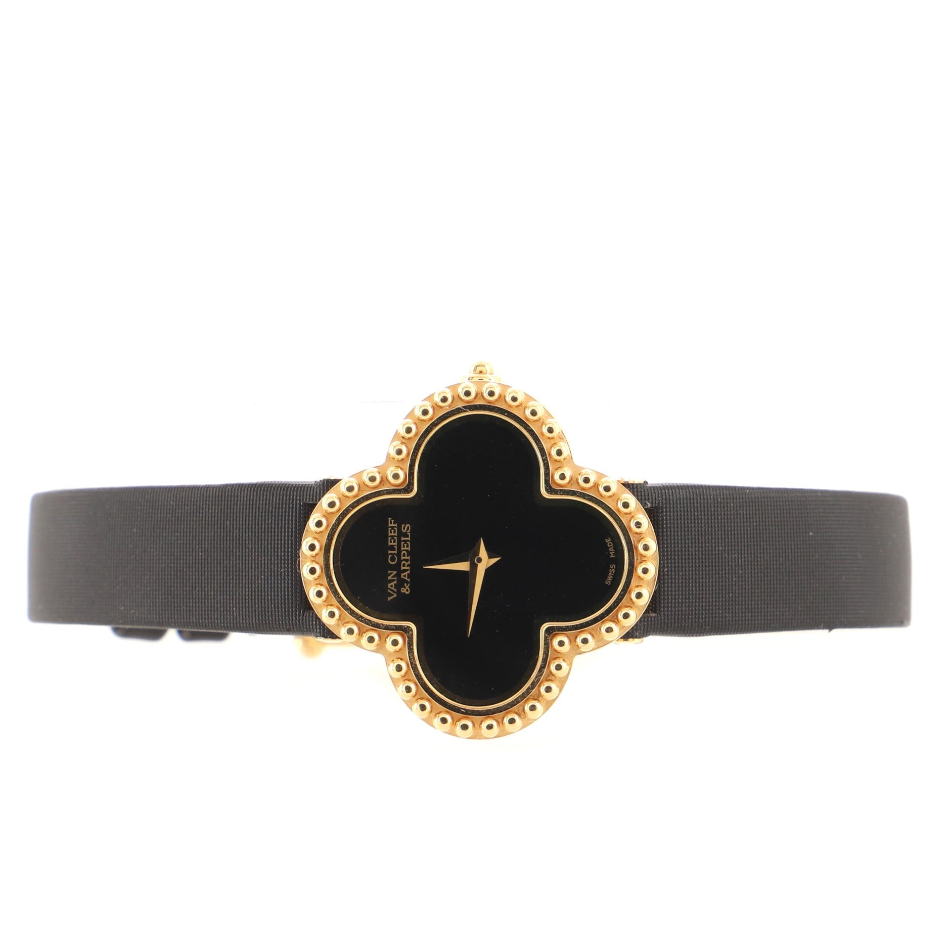Alhambra Quartz Watch Yellow Gold and Satin with Onyx 26