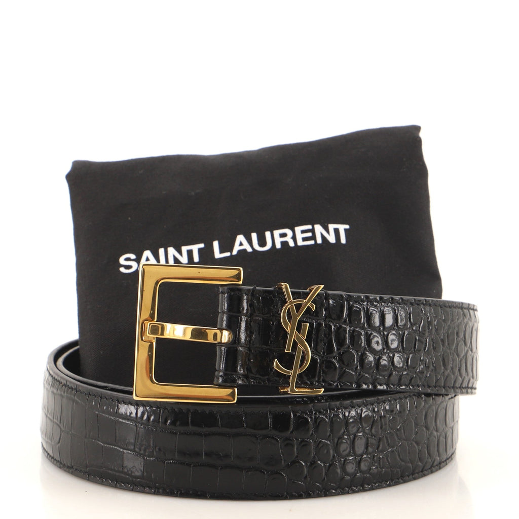 Classic Monogram Square Buckle Belt Crocodile Embossed Leather Medium 80