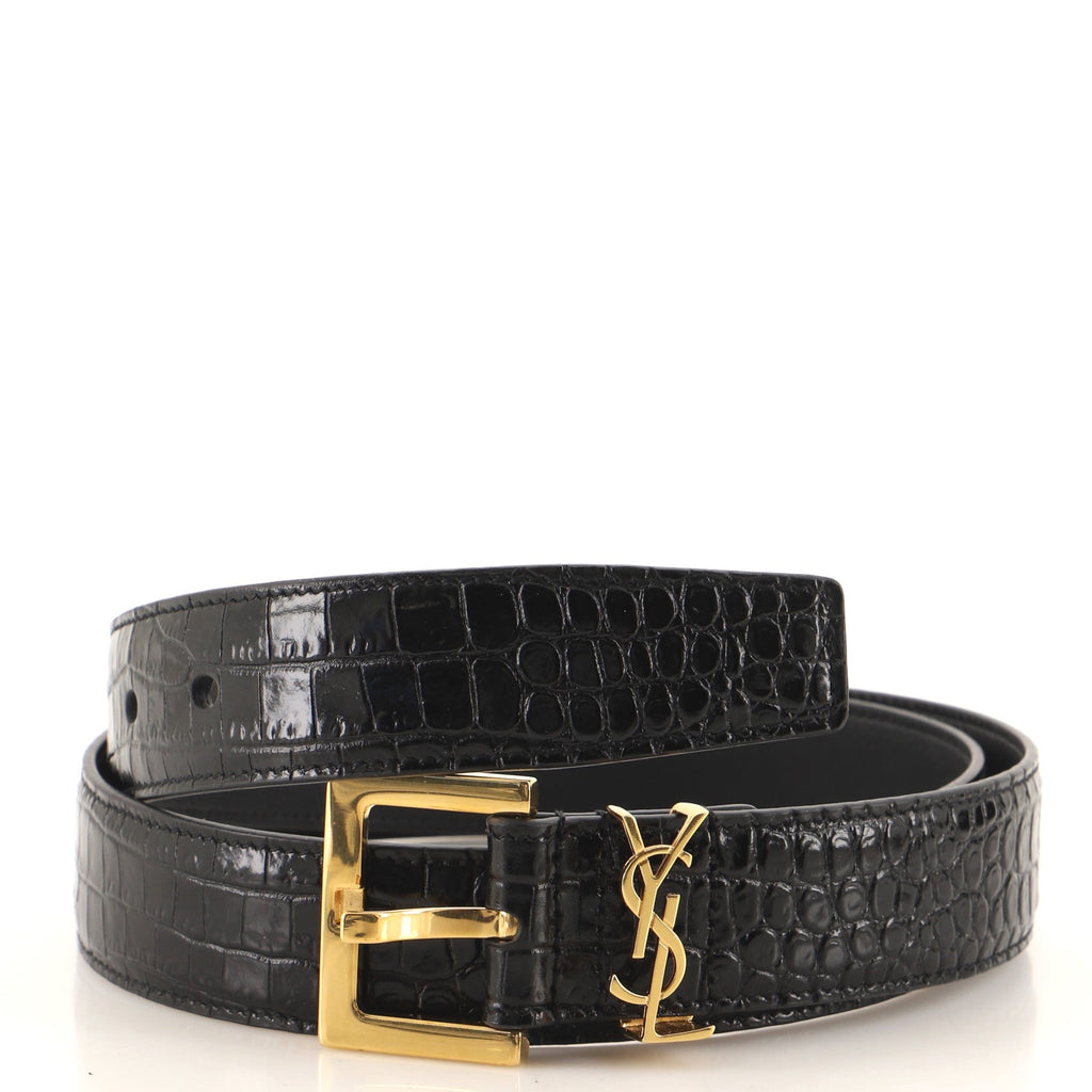Classic Monogram Square Buckle Belt Crocodile Embossed Leather Medium 80