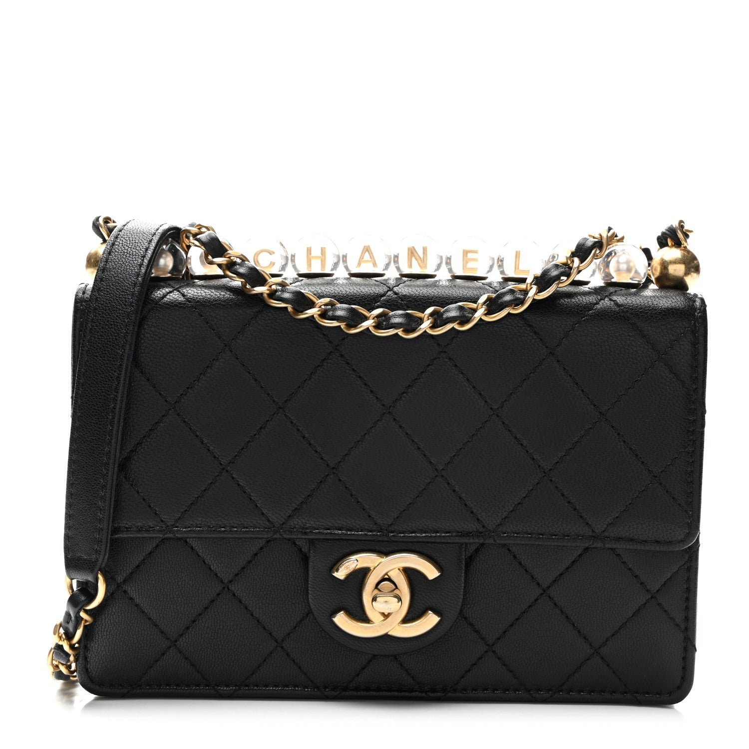 Lambskin Quilted Small Chic Pearls Flap Black