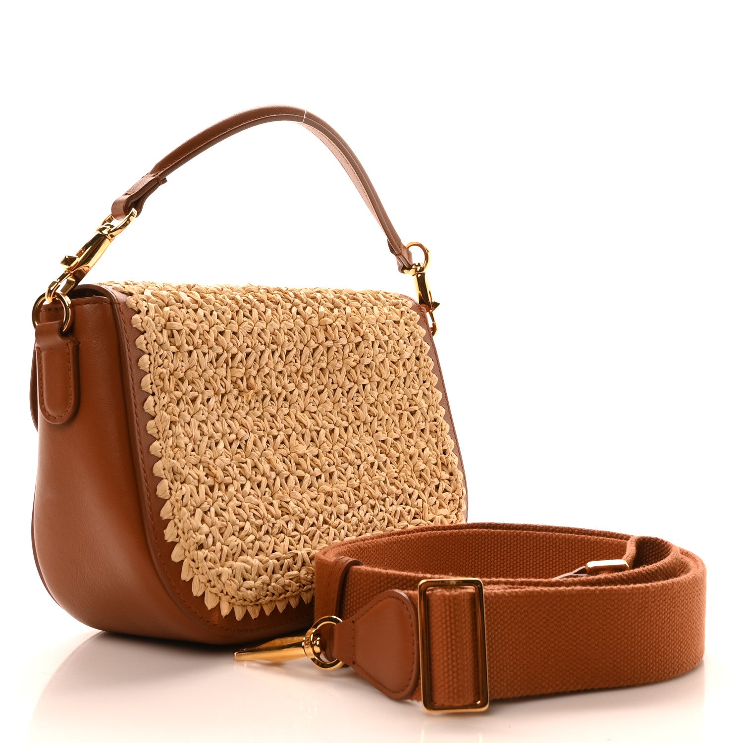 Raffia Calfskin Vlogo Alltime Shoulder Bag Natural Saddle Brown