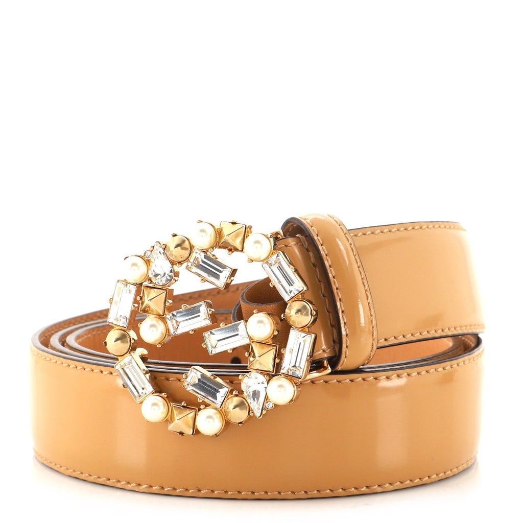 Interlocking G Belt Leather with Crystal and Faux Pearl Wide 95