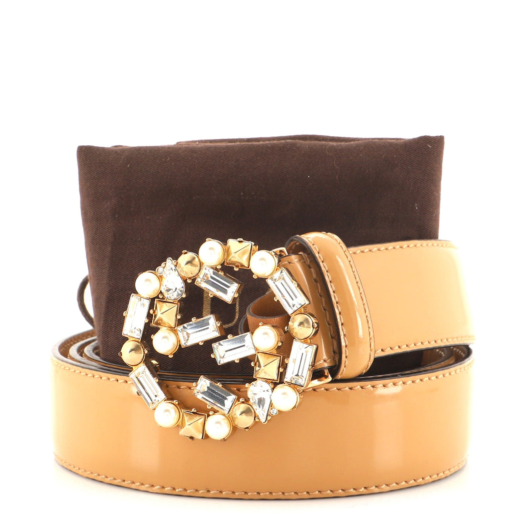 Interlocking G Belt Leather with Crystal and Faux Pearl Wide 95