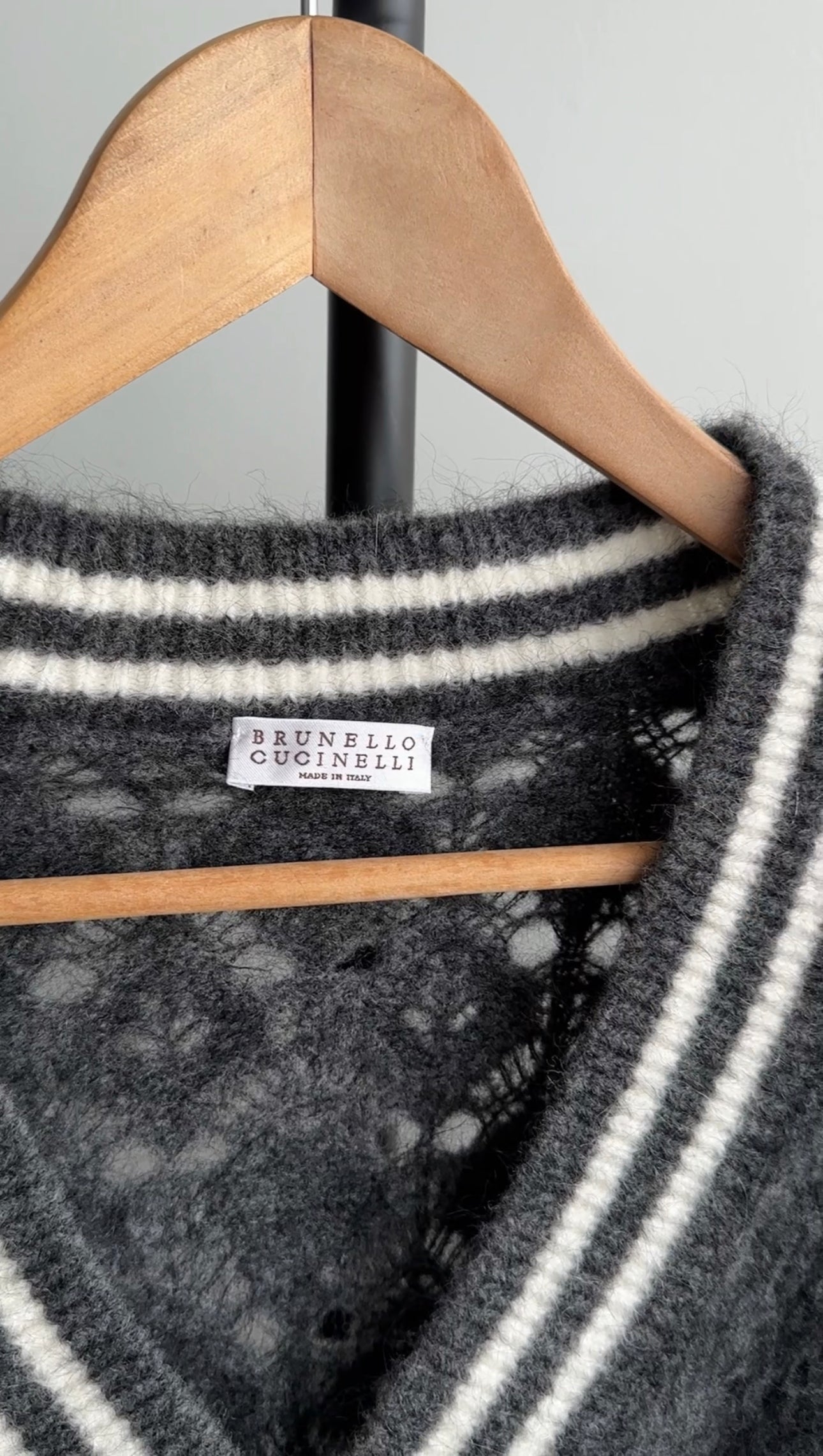 Brunello Cucinelli V Neck Grey Open Knit Mohair Blend Sweater