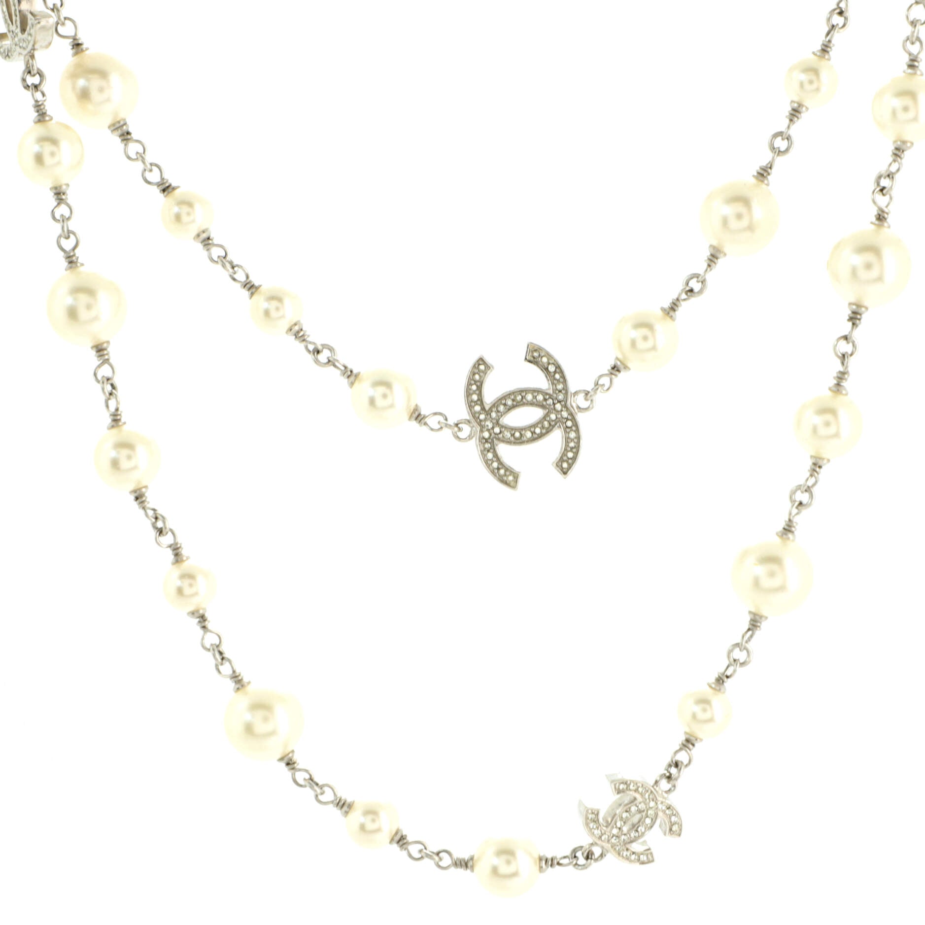 CC Station Long Necklace Metal with Pearls and Crystals