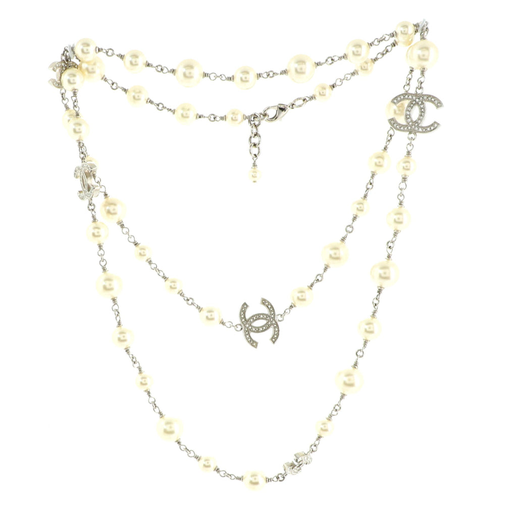 CC Station Long Necklace Metal with Pearls and Crystals