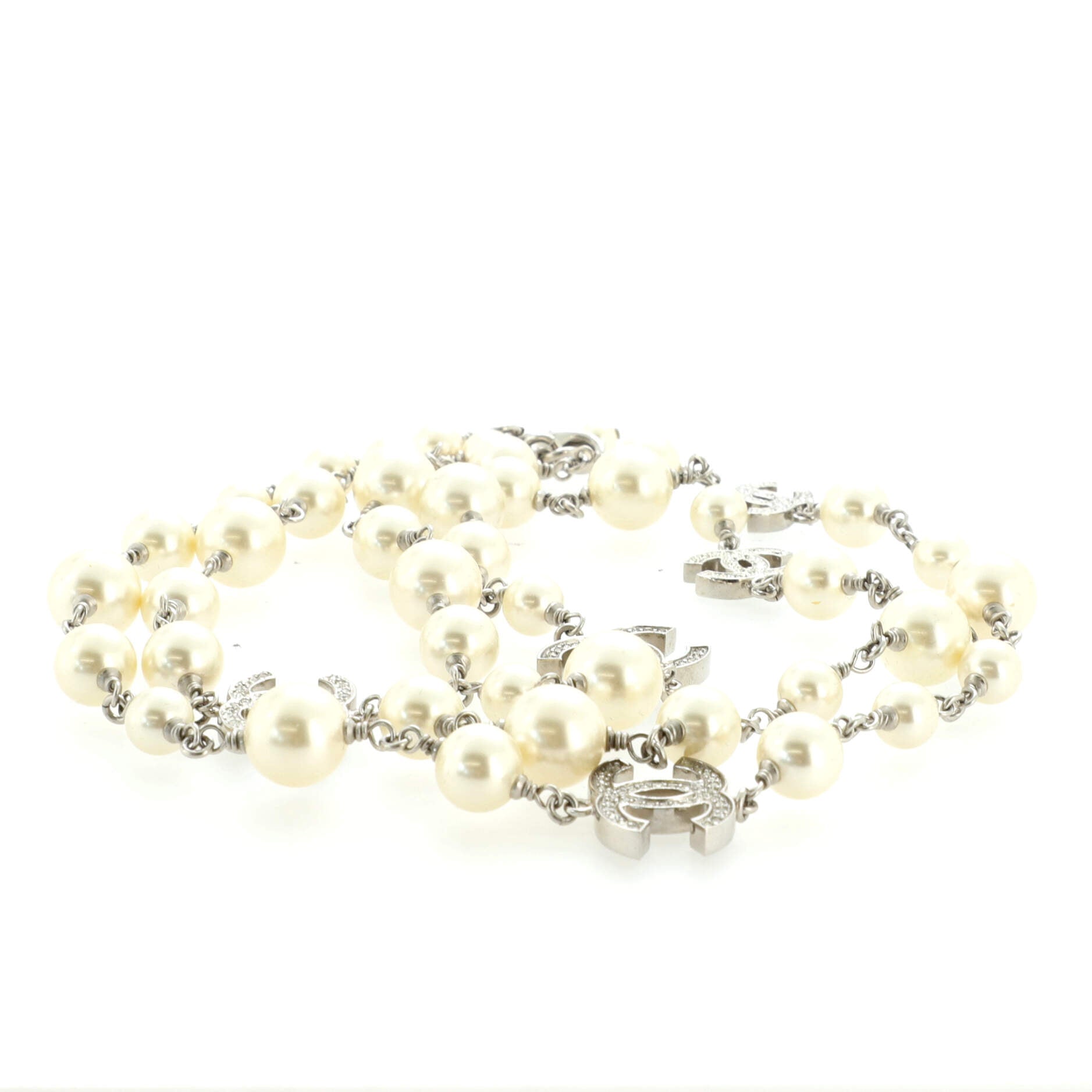 CC Station Long Necklace Metal with Pearls and Crystals