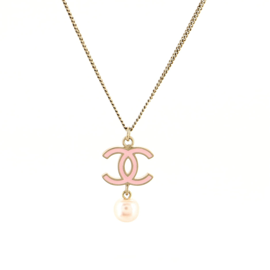 CC Drop Pendant Necklace Metal with Enamel and Faux Pearl