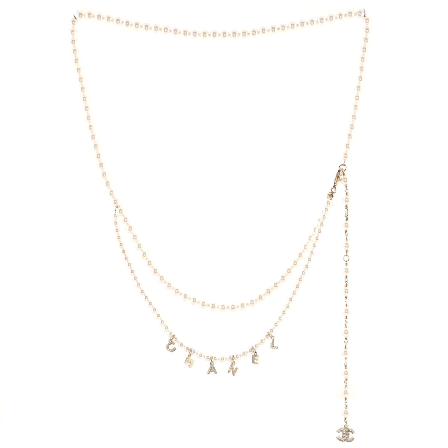 Logo Double Strand Belt Faux Pearls and Metal with Crystals 100