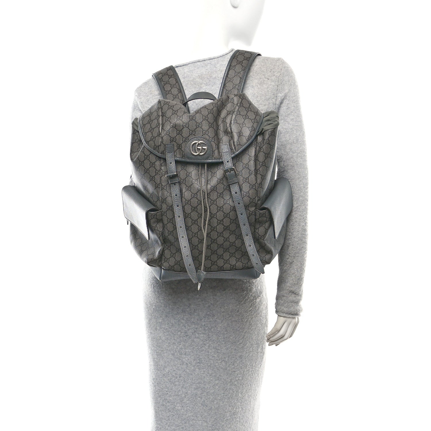 GG Supreme Monogram Textured Dollar Calfskin Medium Ophidia Double Buckle Backpack Grey Black Graphite Grey