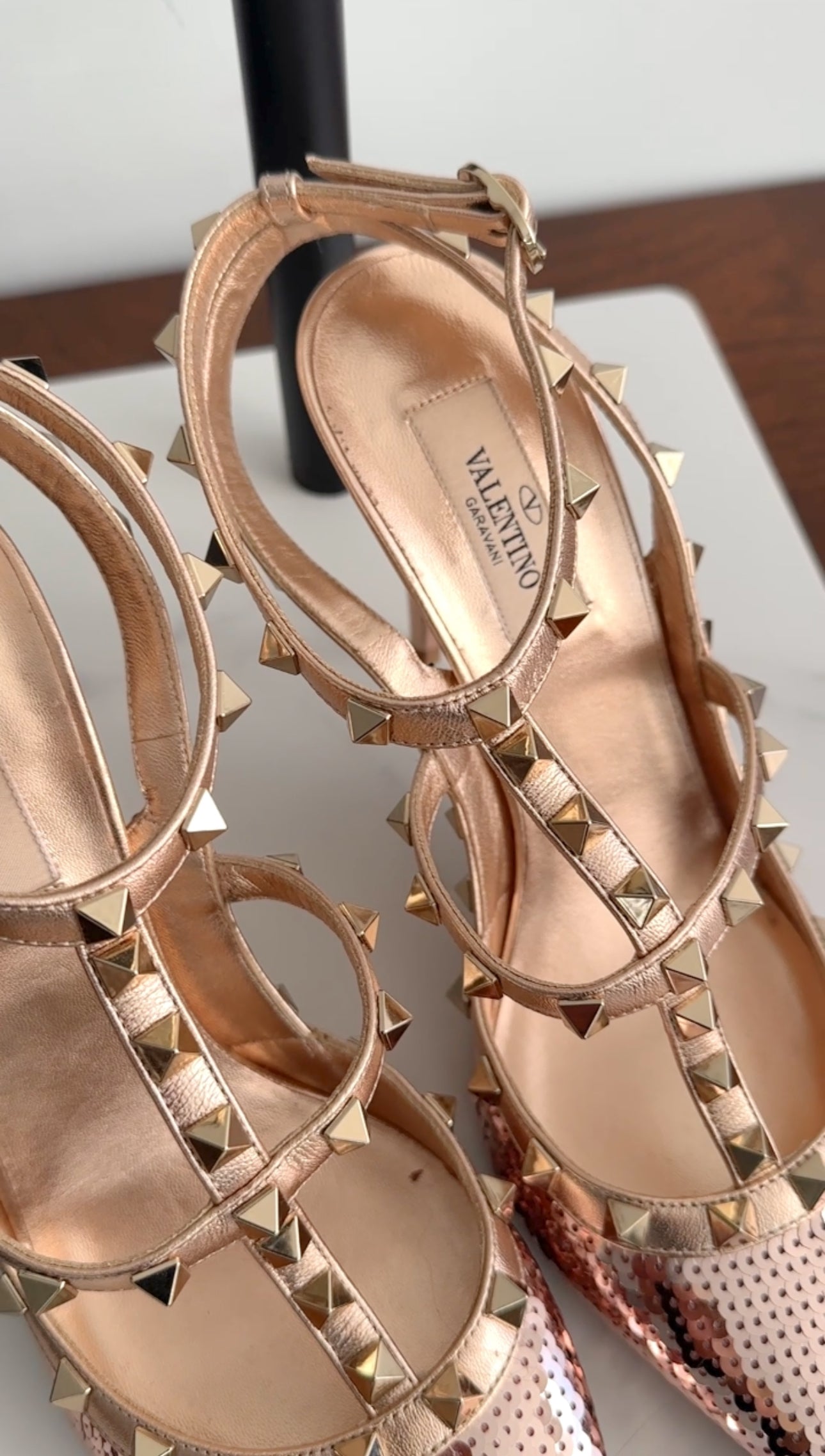 Valentino Rosegold Rockstud Sequin Cage Heels - 40 / 39