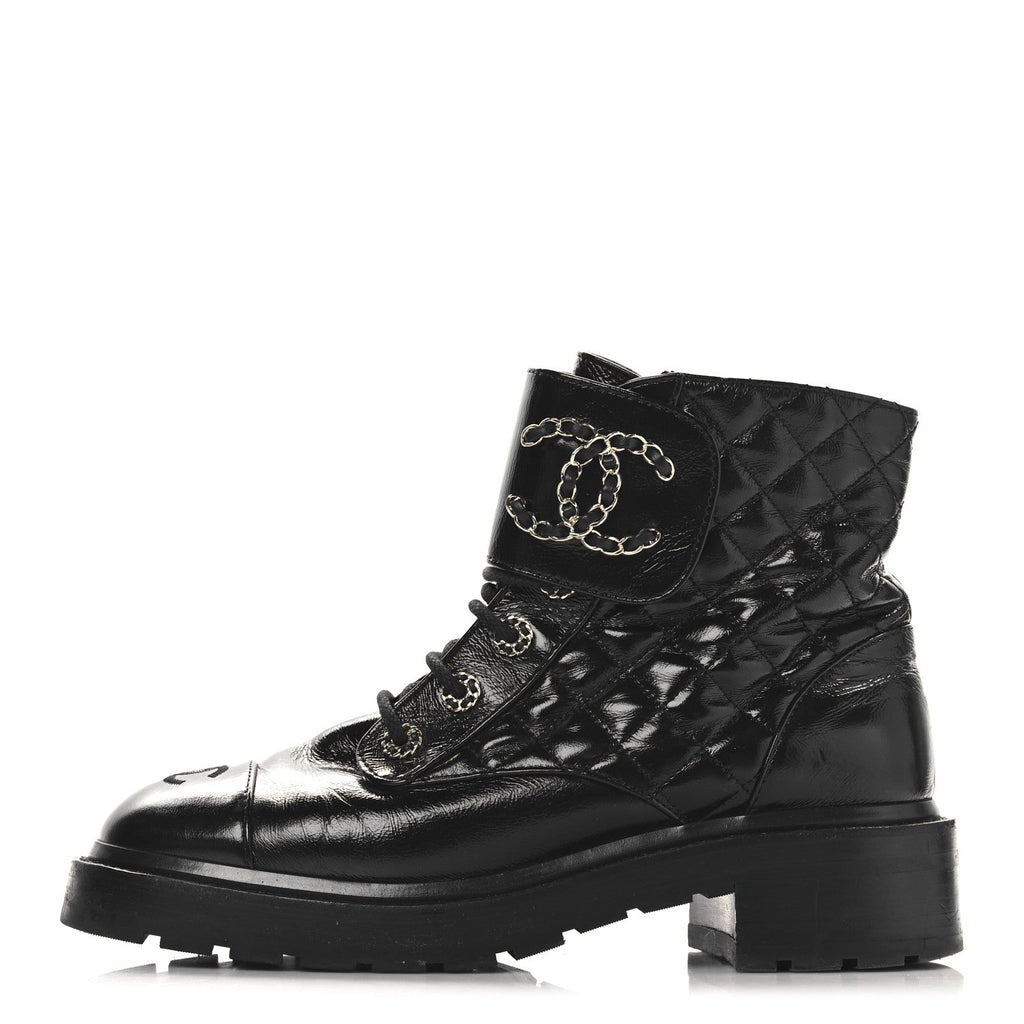 Crumpled Patent Lambskin Calfskin Quilted Lace Up Combat Boots 39.5 Black