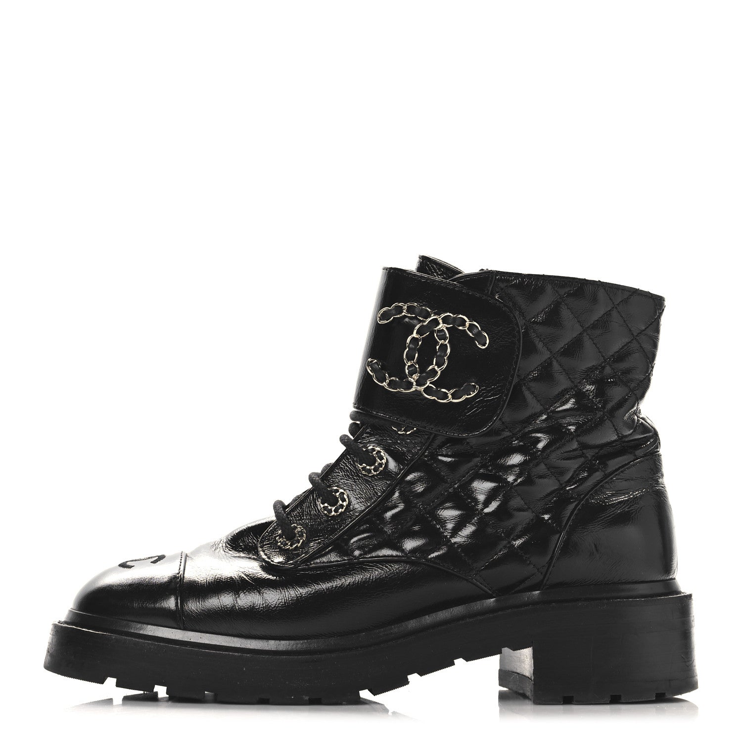 Crumpled Patent Lambskin Calfskin Quilted Lace Up Combat Boots 39.5 Black