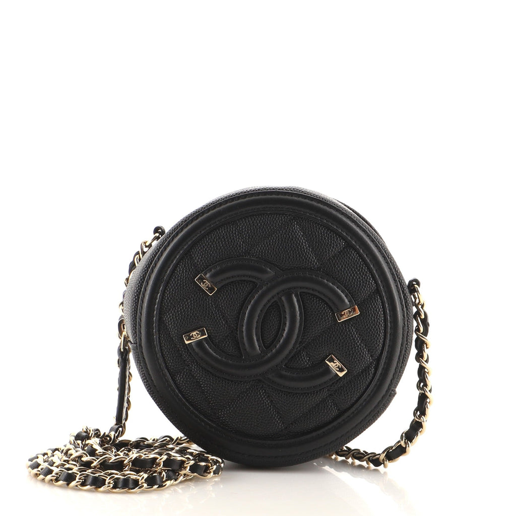 Filigree Round Clutch with Chain Quilted Caviar Mini