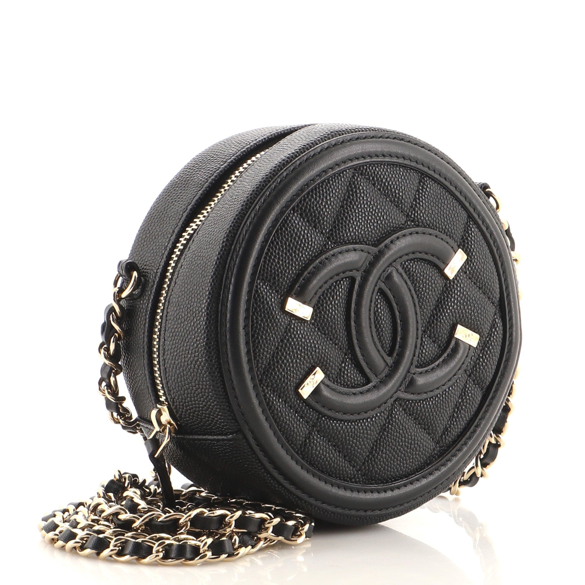 Filigree Round Clutch with Chain Quilted Caviar Mini
