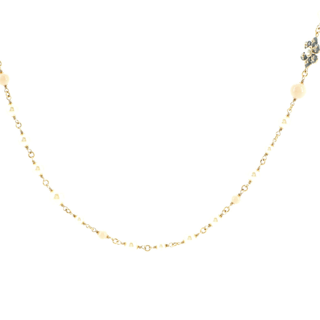 CC Long Floral Necklace Metal with Faux Pearl and Resin