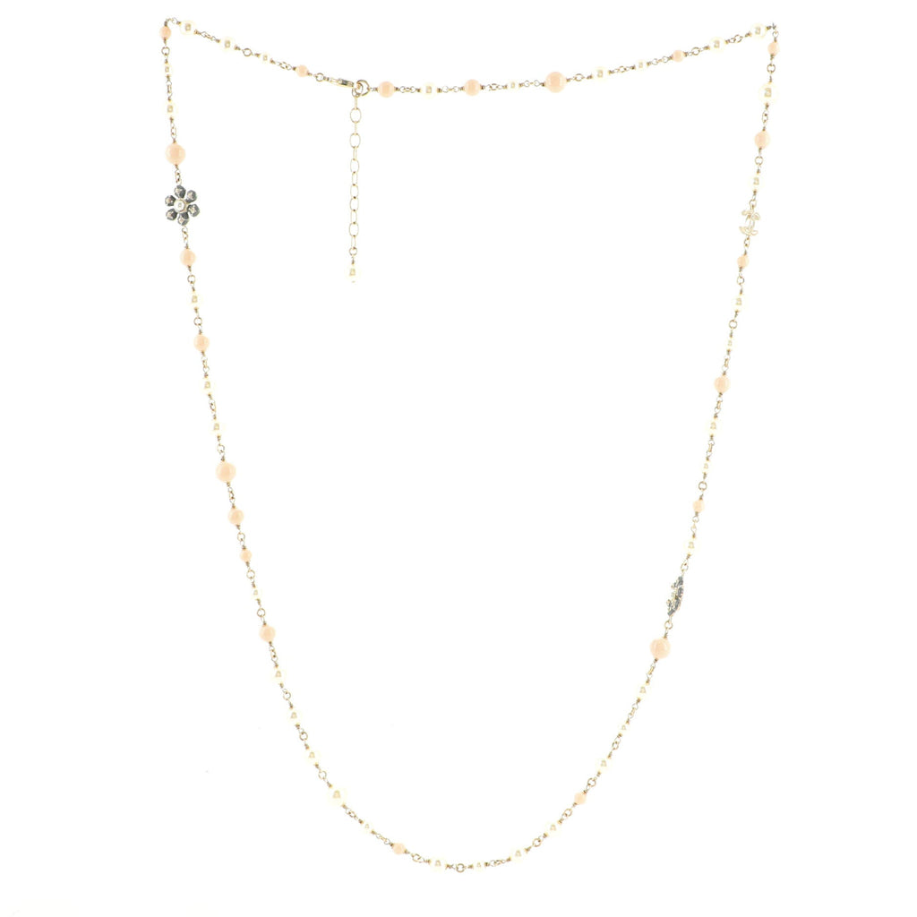 CC Long Floral Necklace Metal with Faux Pearl and Resin