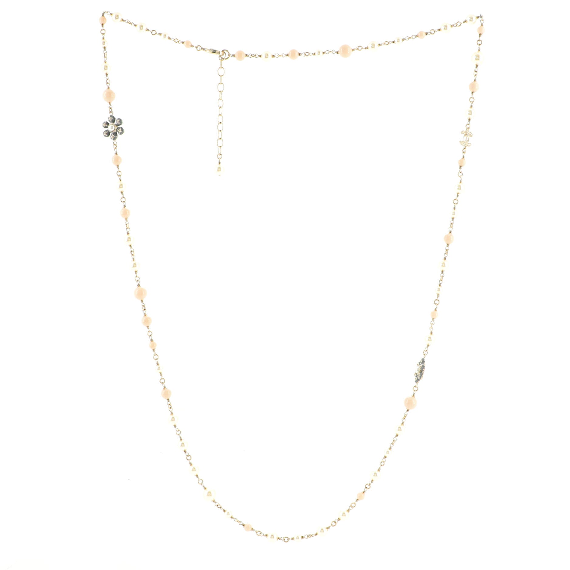 CC Long Floral Necklace Metal with Faux Pearl and Resin