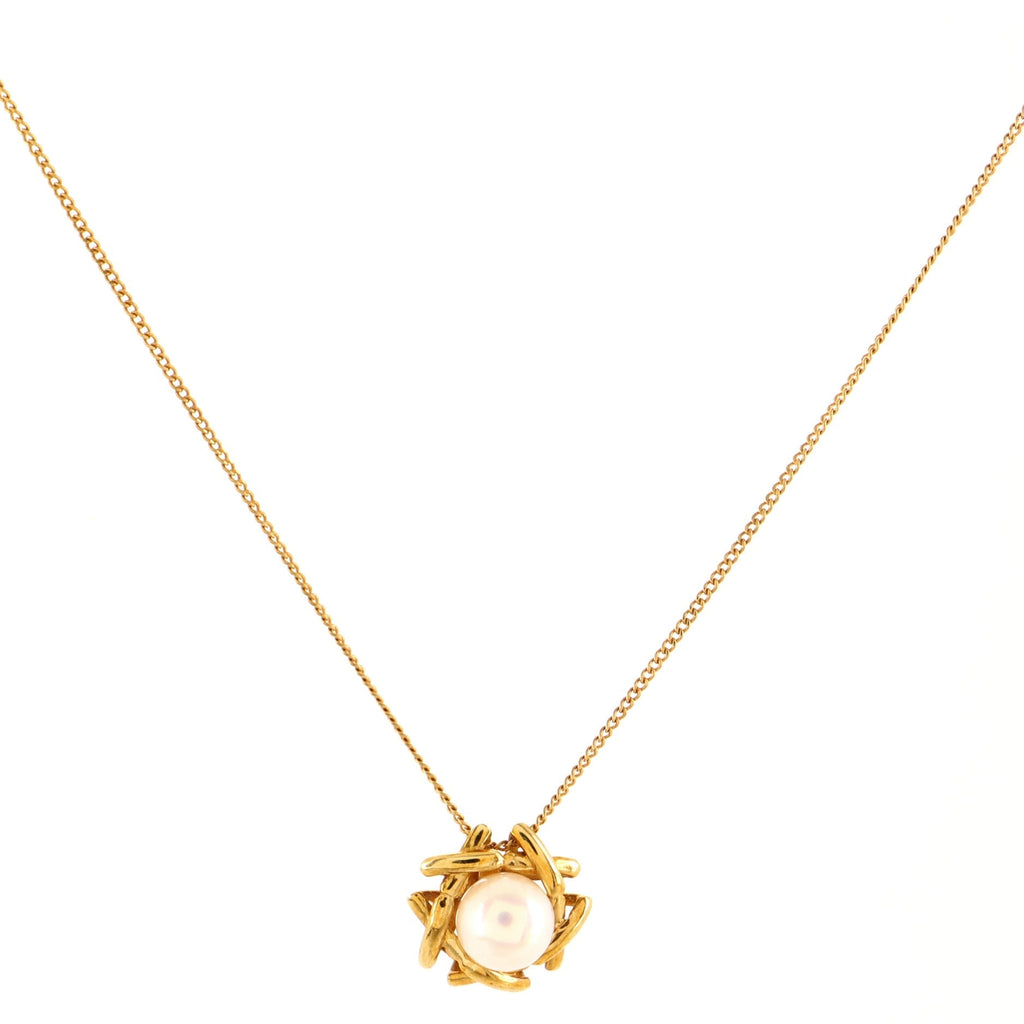 Bamboo Pearl Pendant Necklace 18K Yellow Gold with Pearl 7mm