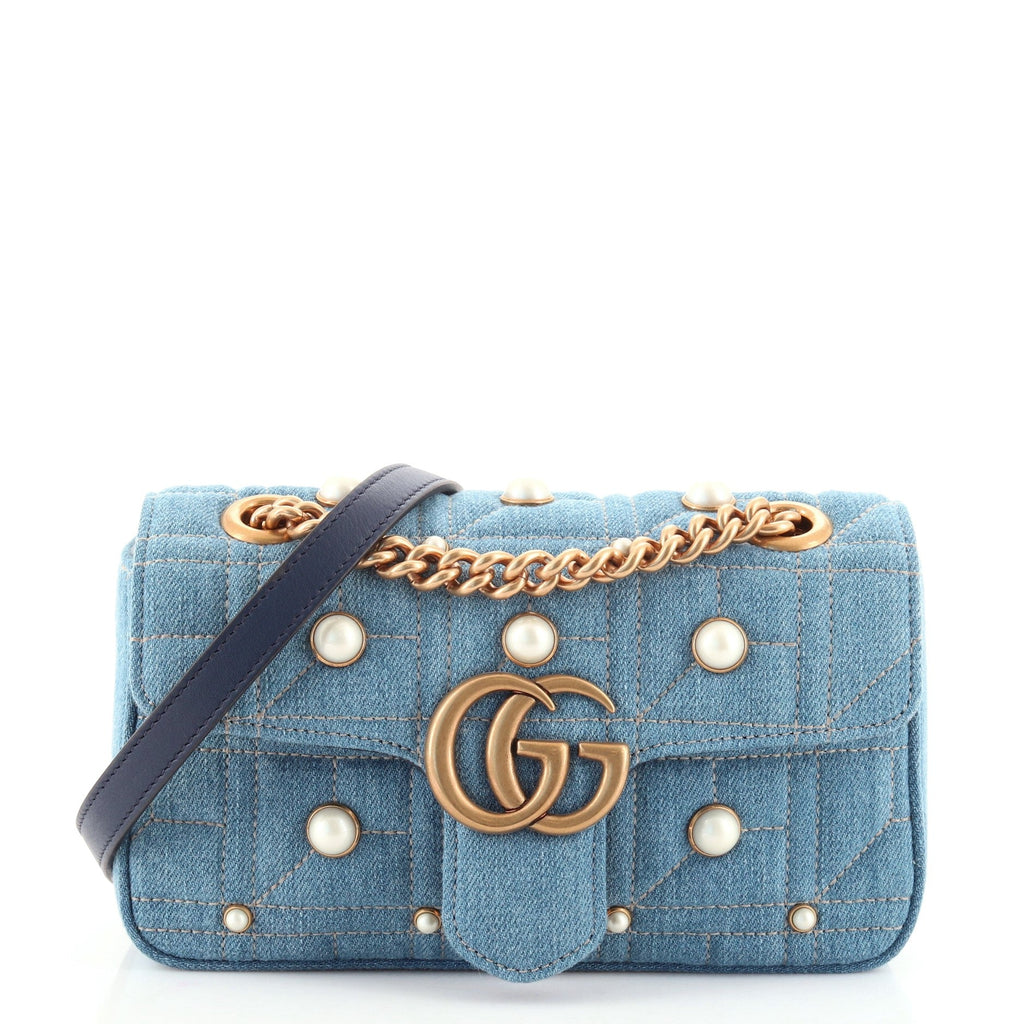 Pearly GG Marmont Flap Bag Embellished Matelasse Denim Mini