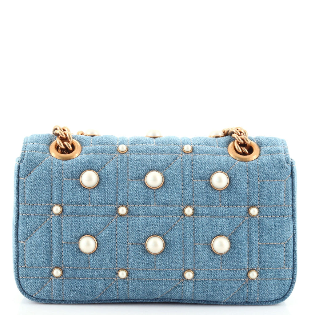 Pearly GG Marmont Flap Bag Embellished Matelasse Denim Mini