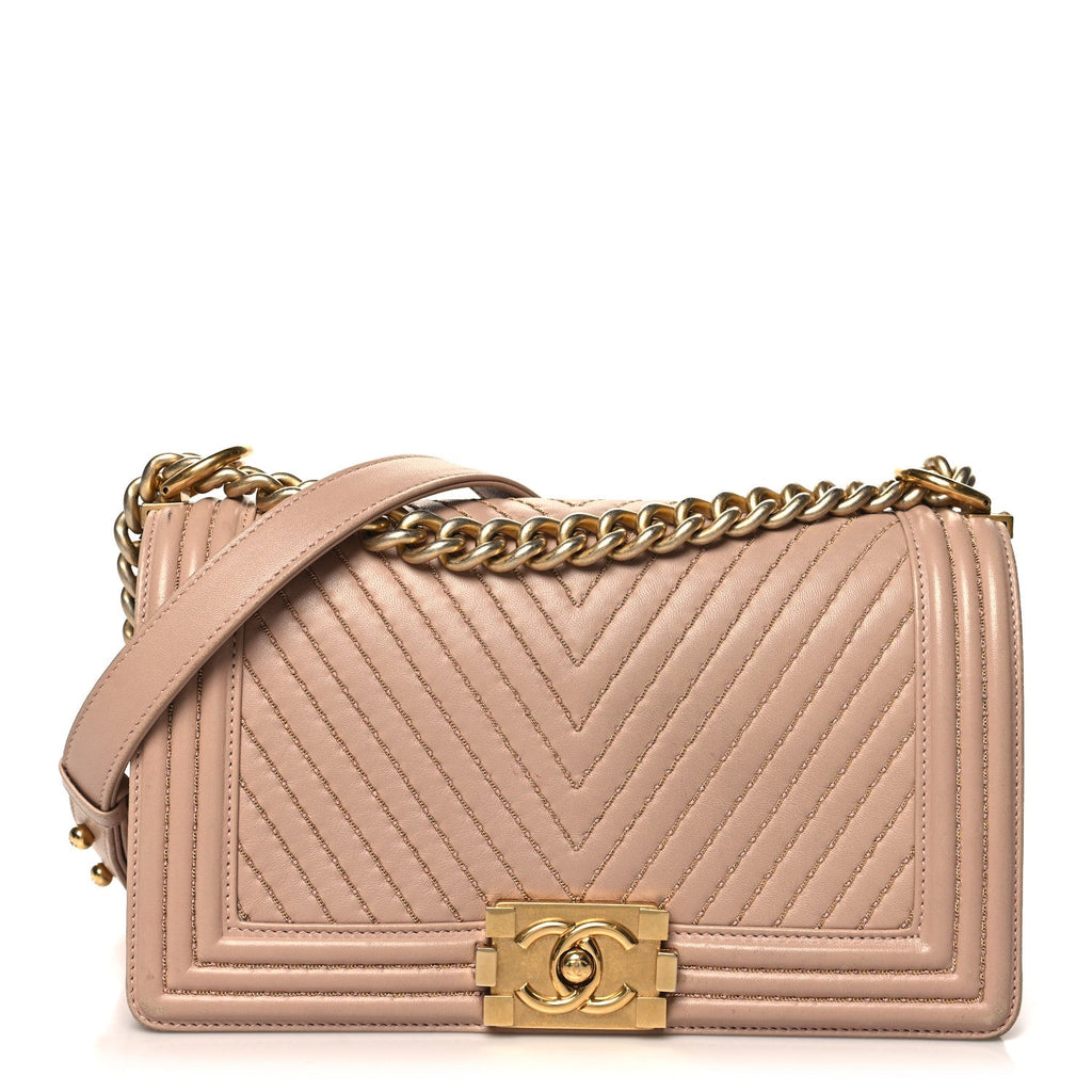 Lambskin Chevron Chain Stitched Medium Boy Flap Beige