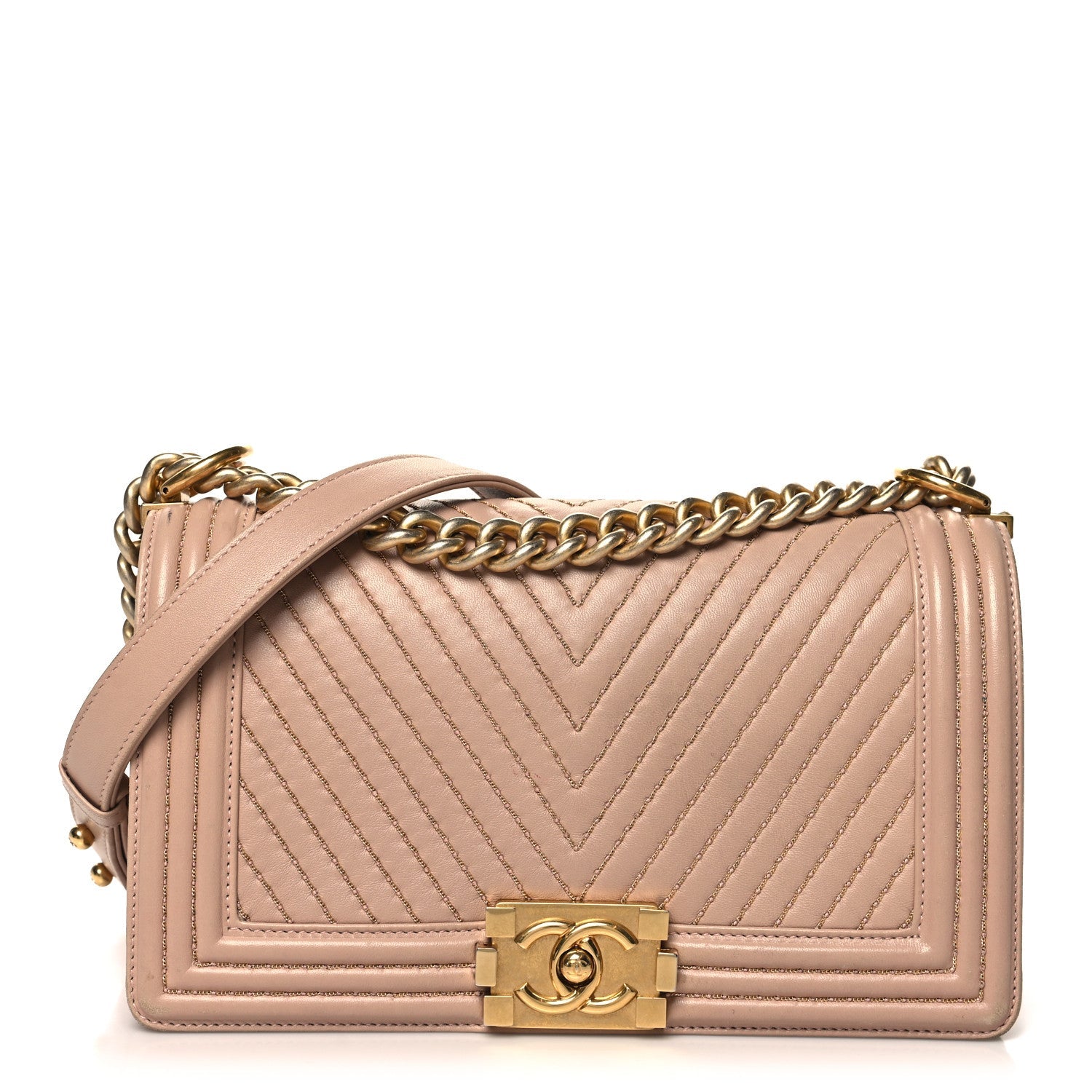 Lambskin Chevron Chain Stitched Medium Boy Flap Beige