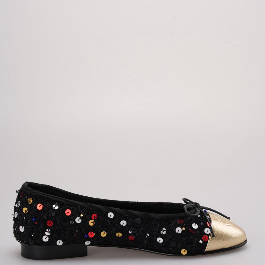 Chanel Black Sequin Ballet Flats with Gold Cap Toe size 35.5