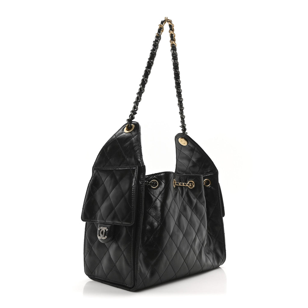 Shiny Crumpled Calfskin Quilted Small Chanel 25 Handbag Black