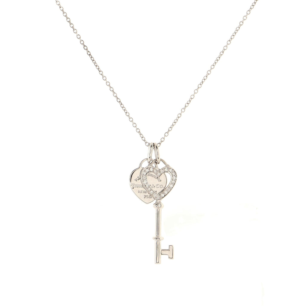Heart Key Pendant Necklace 18K White Gold with Diamonds